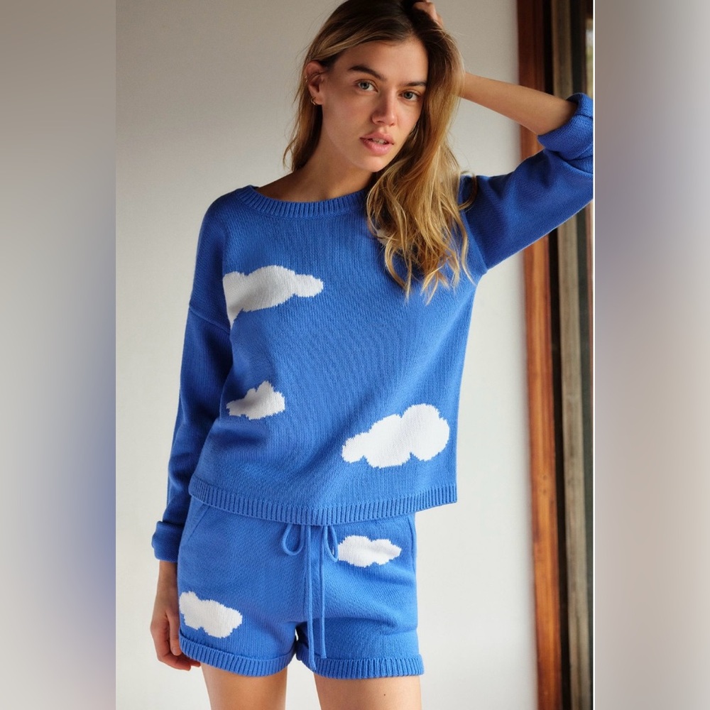 525 at Anthropologie Blue Cloud Sweater and Shorts Set